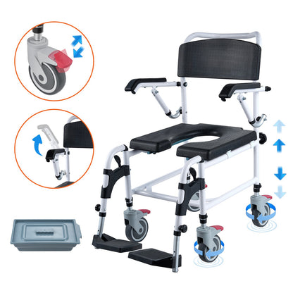 Shower Toilet Wheelchair with 4 Lockable Wheels, Footrest, Fold-Up Arms, 3-Level Adjustable Height, 5L Removable Bucket, 350 LBS Capacity, Toilet Seat for Adults Seniors
