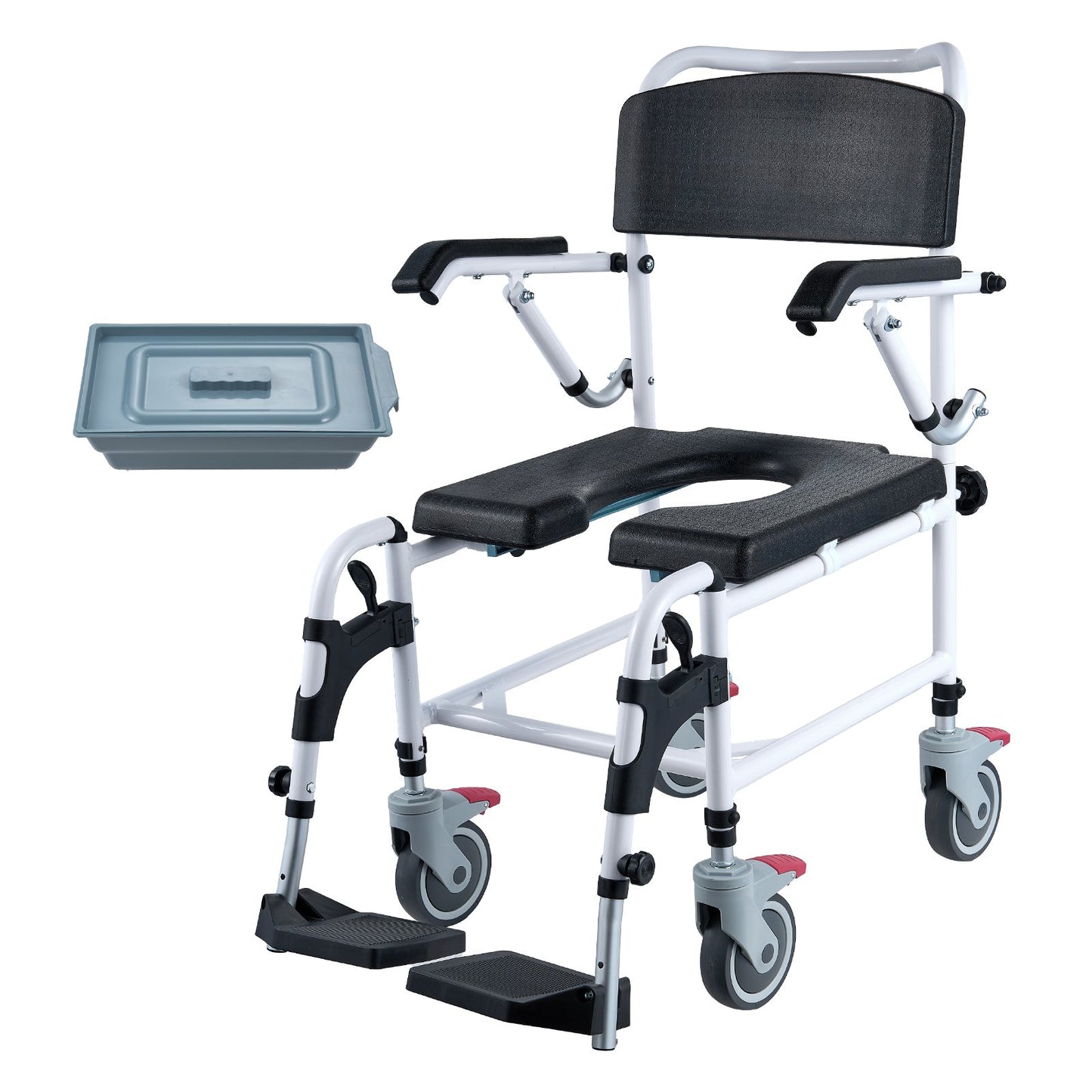 Shower Toilet Wheelchair with 4 Lockable Wheels, Footrest, Fold-Up Arms, 3-Level Adjustable Height, 5L Removable Bucket, 350 LBS Capacity, Toilet Seat for Adults Seniors