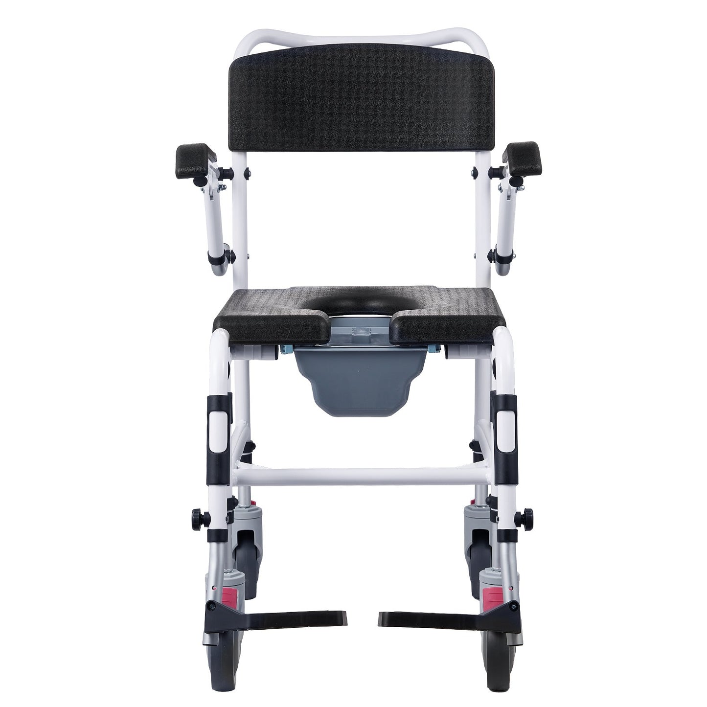 Shower Toilet Wheelchair with 4 Lockable Wheels, Footrest, Fold-Up Arms, 3-Level Adjustable Height, 5L Removable Bucket, 350 LBS Capacity, Toilet Seat for Adults Seniors