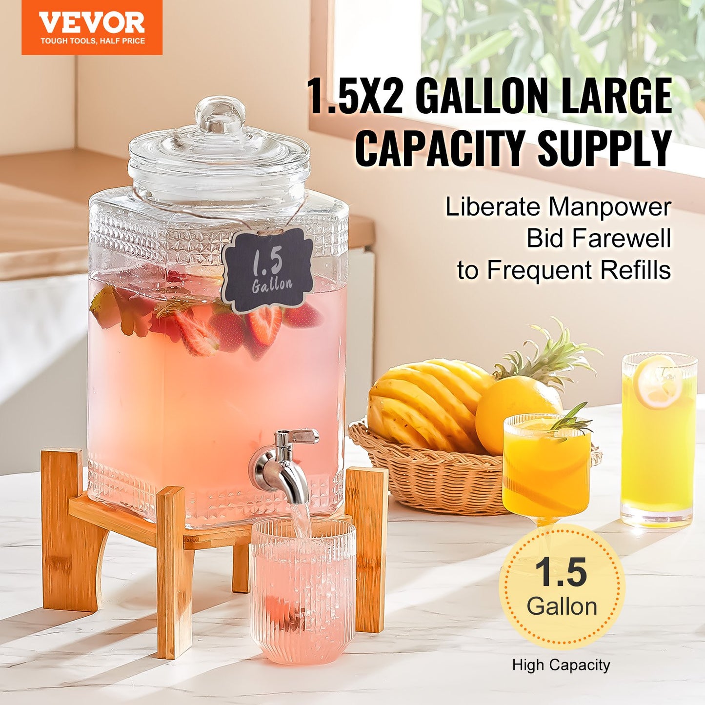 Dryckesdispenser, 1,5 gallon dryckesautomater för fester, juicedispenser i glas med stativ, tapp i rostfritt stål, iste lemonad juice vattendispenser, för restauranger, hotell, fester