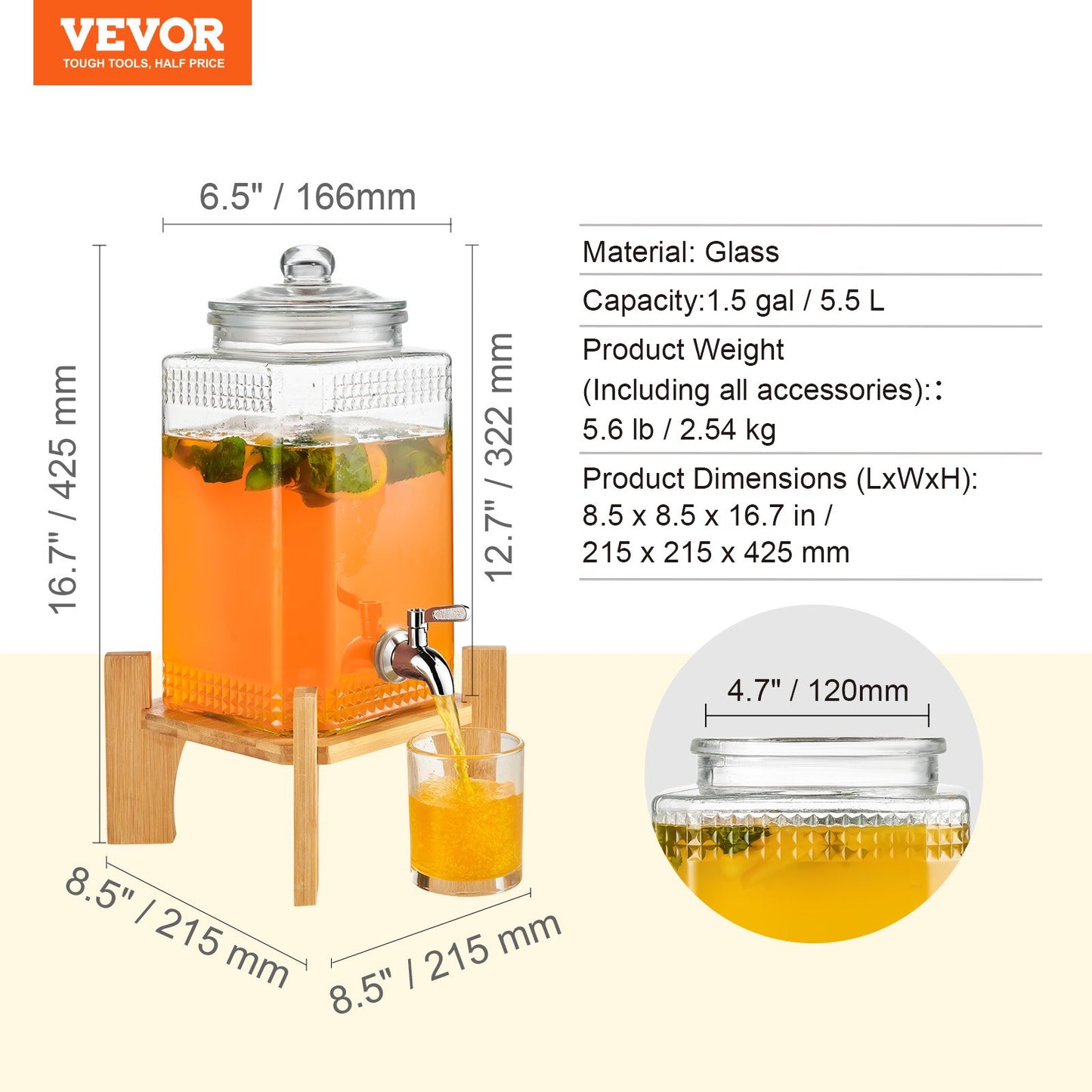 Dryckesdispenser, 1,5 gallon dryckesautomater för fester, juicedispenser i glas med stativ, tapp i rostfritt stål, iste lemonad juice vattendispenser, för restauranger, hotell, fester