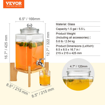 Dryckesdispenser, 1,5 gallon dryckesautomater för fester, juicedispenser i glas med stativ, tapp i rostfritt stål, iste lemonad juice vattendispenser, för restauranger, hotell, fester