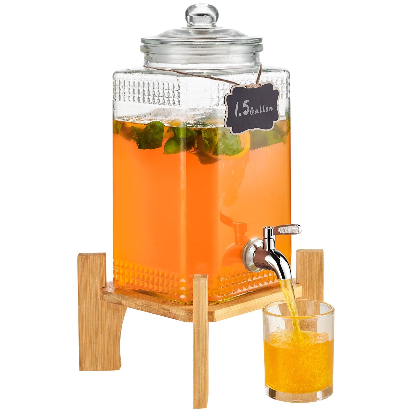 Dryckesdispenser, 1,5 gallon dryckesautomater för fester, juicedispenser i glas med stativ, tapp i rostfritt stål, iste lemonad juice vattendispenser, för restauranger, hotell, fester