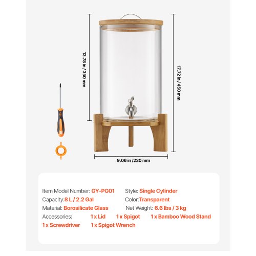 Drinks Dispenser 8L Drinks Dispenser for Parties Glass with Stand