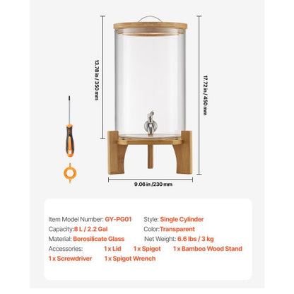 Drinks Dispenser 8L Drinks Dispenser for Parties Glass with Stand