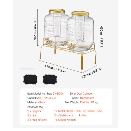 Drinks Dispenser 8L Drinks Dispenser for Parties Glass with Stand 2 PCS