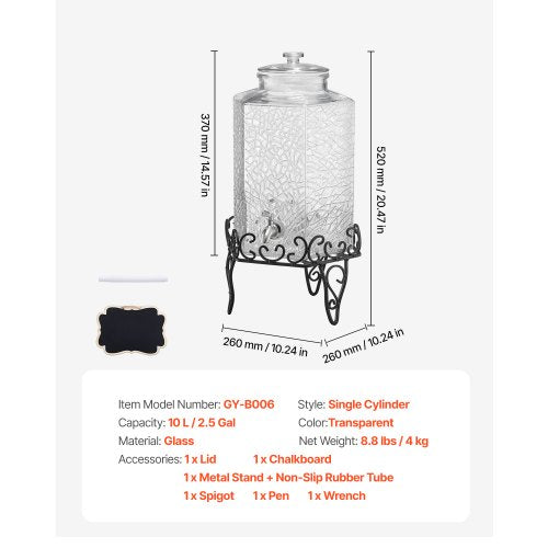 Drinks Dispenser 10L Drinks Dispenser for Parties Glass with Stand