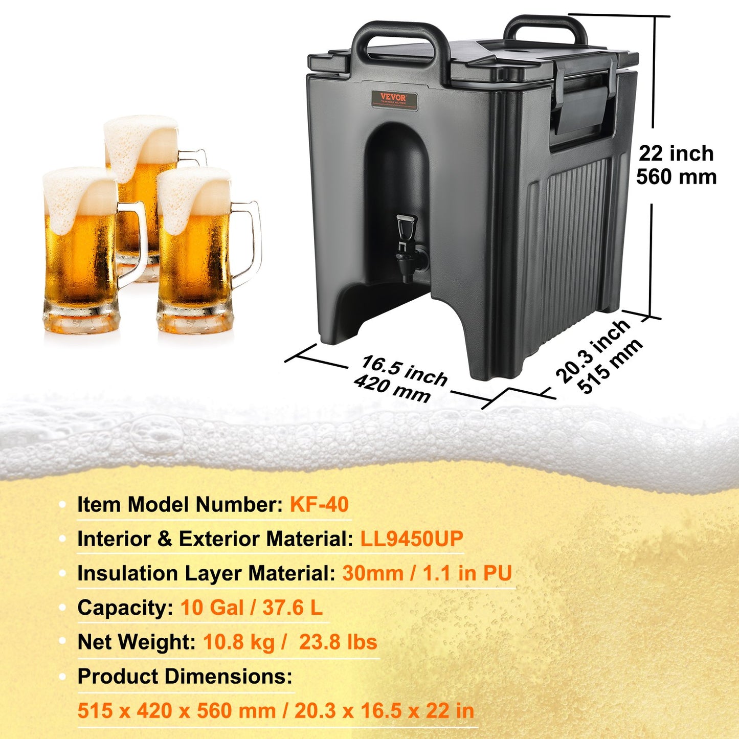 Isolerad dryckesdispenser, 10 gallon, livsmedelsklassad LL9450UP server för varma och kalla drycker, termisk dryckesdispenserkylare med 1,18 i PU-lager tvåstegs kranhandtag, för restaurangens dryckesbutik