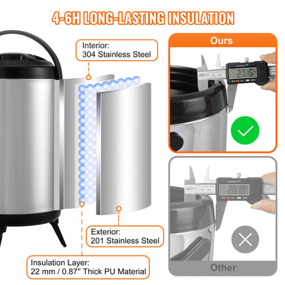 Rostfritt stål isolerad dryckesautomat, 2 gallon 7,6 liter, termisk server för varm och kall dryck med tapphandtag, livsmedelsklassad för varmt te Kaffe Vatten Restaurang Dryckesbutik