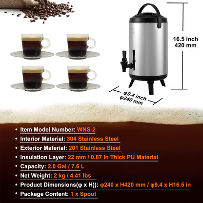 Rostfritt stål isolerad dryckesautomat, 2 gallon 7,6 liter, termisk server för varm och kall dryck med tapphandtag, livsmedelsklassad för varmt te Kaffe Vatten Restaurang Dryckesbutik