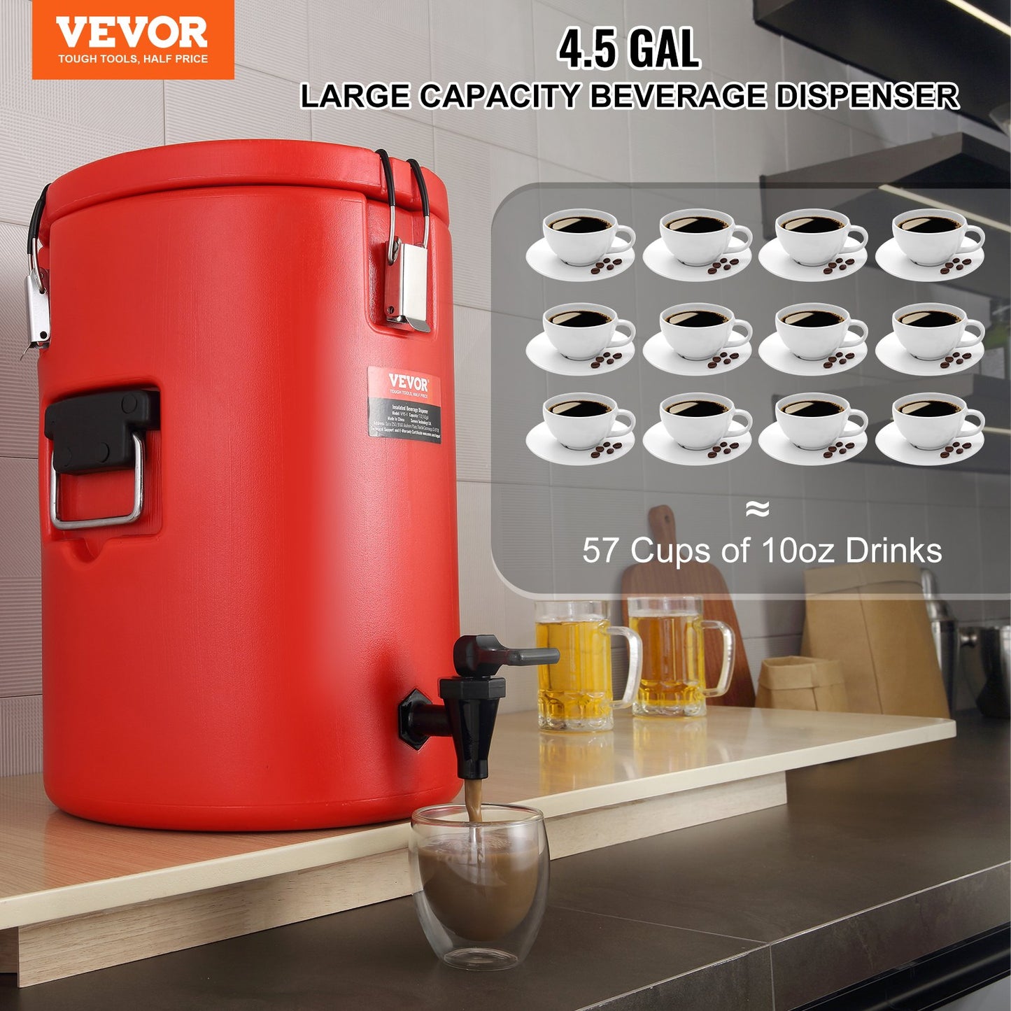 Rostfritt stål isolerad dryckesautomat, 4,5 gallon 17,2 liter, termisk server för varm och kall dryck med tapphandtag, livsmedelsklassad för varmt te Kaffe Vatten Restaurang Dryckesbutik