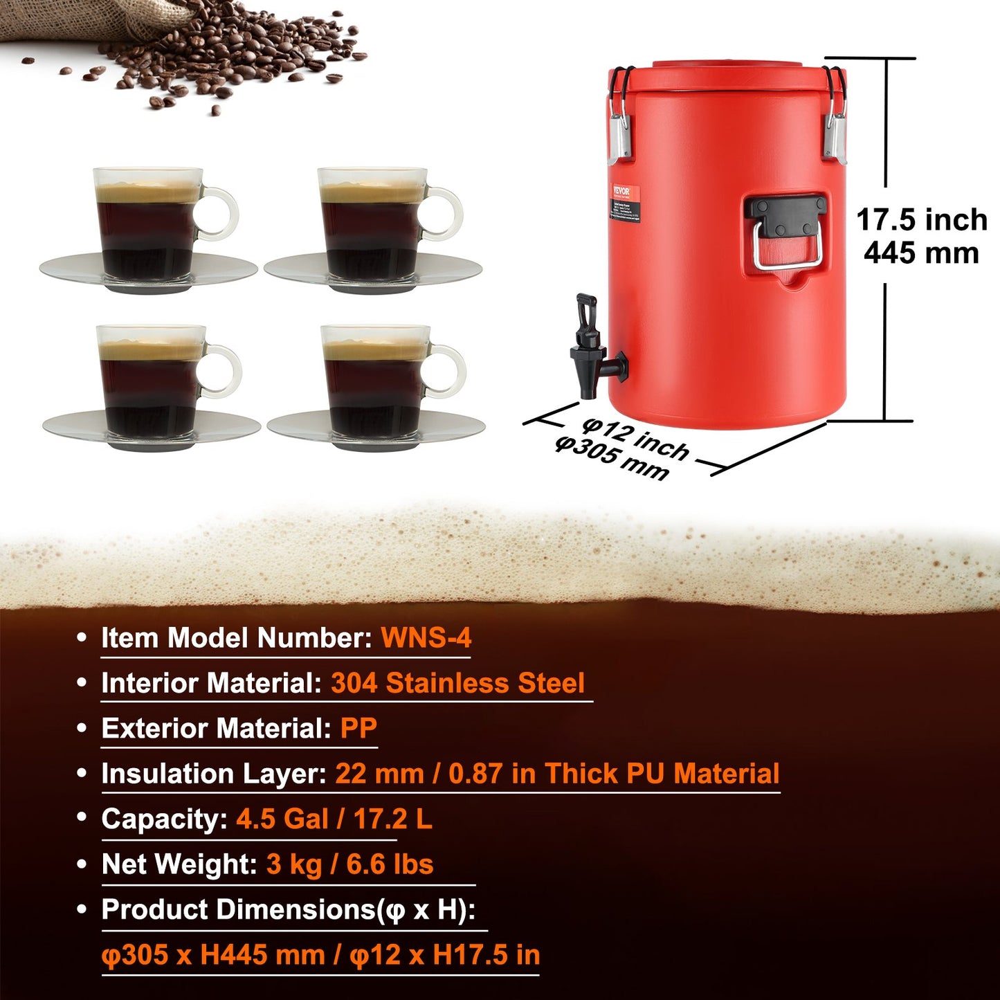 Rostfritt stål isolerad dryckesautomat, 4,5 gallon 17,2 liter, termisk server för varm och kall dryck med tapphandtag, livsmedelsklassad för varmt te Kaffe Vatten Restaurang Dryckesbutik
