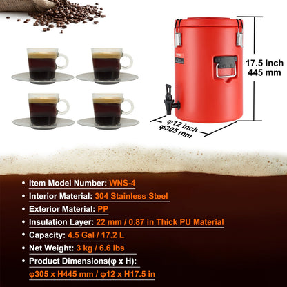 Rostfritt stål isolerad dryckesautomat, 4,5 gallon 17,2 liter, termisk server för varm och kall dryck med tapphandtag, livsmedelsklassad för varmt te Kaffe Vatten Restaurang Dryckesbutik