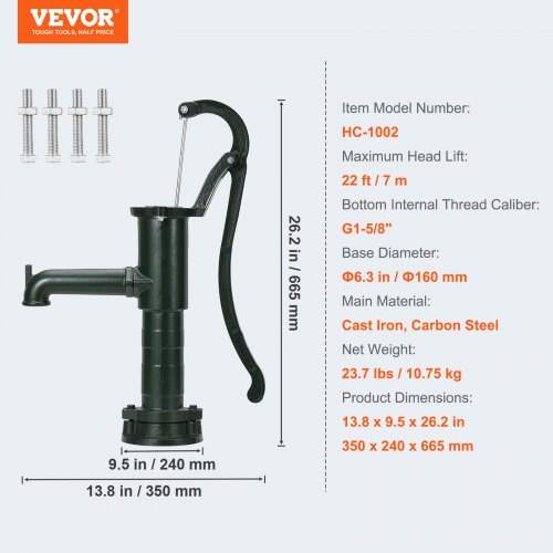 Antique Hand Water Pump 14.6 x 5.9 x 26 Inch Jug Pump with Handle Cast Iron Well Pump with Pre-Set 0.5" Holes for Easy Installation Old Fashion Jug Hand Pump for Garden Ponds Garden Green | EU