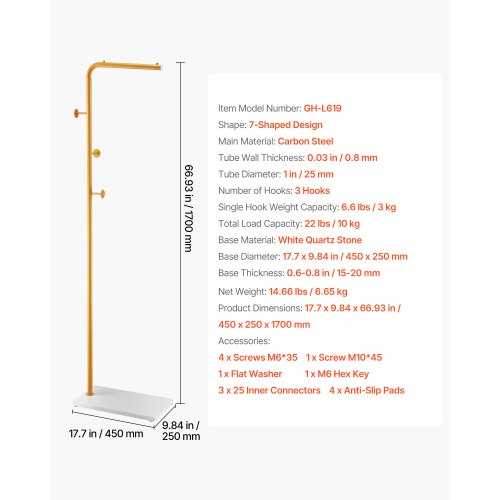 Garderobenständer Freistehende Garderobe mit Quarzsteinsockel und 3 runden Haken | EU