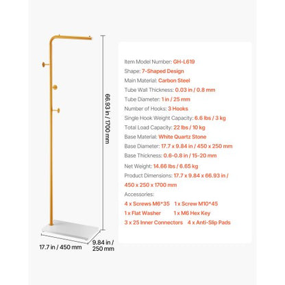 Garderobenständer Freistehende Garderobe mit Quarzsteinsockel und 3 runden Haken | EU