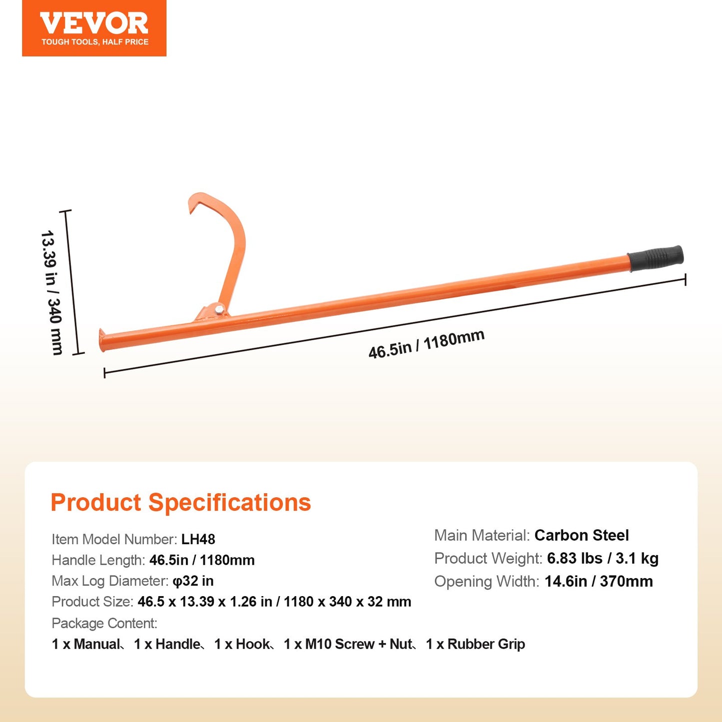 Cant Hook Tool 46.5 in Heavy Duty Steel Log Roller Forestry Logging Tool