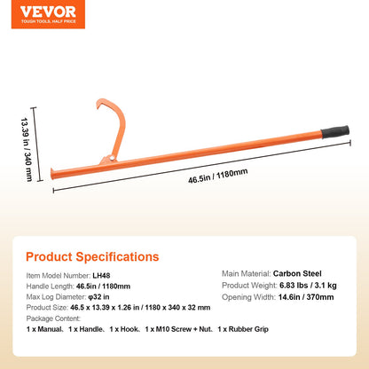 Cant Hook Tool 46.5 in Heavy Duty Steel Log Roller Forestry Logging Tool