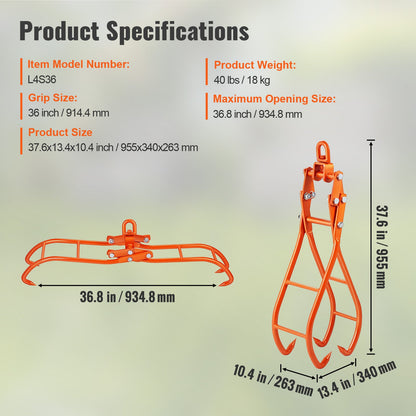 Timber Claw Hook, 36 tums 4 Claw Log Grip för timmertång, svängbar stålstock lyfttång, Eagle Claws Design med 3307 lbs/1500 kg lastkapacitet för traktorer, terränghjulingar, lastbilar, gaffeltruckar