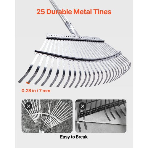 Lövkratta, 25 metallpinnar, justerbar trädgårdskratta för gräsmattor med 46,5 cm brett huvud och 92,5-185 cm långt handtag, kraftigt rostfritt stålverktyg för små löv för trädgårdsskötsel, camping, gårdsplan, gräs |  EU