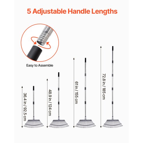Lövkratta, 25 metallpinnar, justerbar trädgårdskratta för gräsmattor med 46,5 cm brett huvud och 92,5-185 cm långt handtag, kraftigt rostfritt stålverktyg för små löv för trädgårdsskötsel, camping, gårdsplan, gräs |  EU