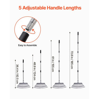 Lövkratta, 25 metallpinnar, justerbar trädgårdskratta för gräsmattor med 46,5 cm brett huvud och 92,5-185 cm långt handtag, kraftigt rostfritt stålverktyg för små löv för trädgårdsskötsel, camping, gårdsplan, gräs |  EU