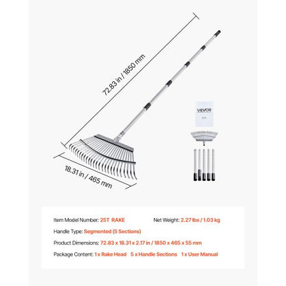 Lövkratta, 25 metallpinnar, justerbar trädgårdskratta för gräsmattor med 46,5 cm brett huvud och 92,5-185 cm långt handtag, kraftigt rostfritt stålverktyg för små löv för trädgårdsskötsel, camping, gårdsplan, gräs |  EU