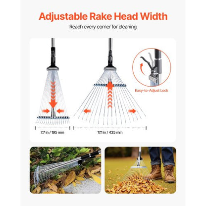 Lövkratta, 18 metallpinnar, justerbar trädgårdskratta för gräsmattor med 19,5-43,5 cm brett huvud och 82-141 cm långt handtag, kraftigt rostfritt stålverktyg för små löv för trädgårdsskötsel, camping, gårdsplan, gräs |  EU
