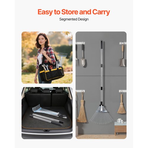 Lövkratta, 18 metallpinnar, justerbar trädgårdskratta för gräsmattor med 19,5-43,5 cm brett huvud och 82-141 cm långt handtag, kraftigt rostfritt stålverktyg för små löv för trädgårdsskötsel, camping, gårdsplan, gräs |  EU