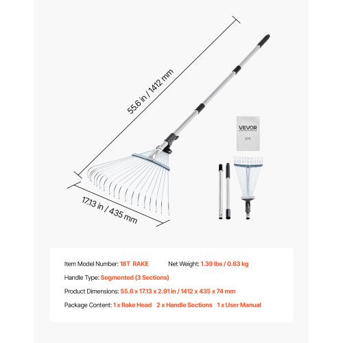 Lövkratta, 18 metallpinnar, justerbar trädgårdskratta för gräsmattor med 19,5-43,5 cm brett huvud och 82-141 cm långt handtag, kraftigt rostfritt stålverktyg för små löv för trädgårdsskötsel, camping, gårdsplan, gräs |  EU
