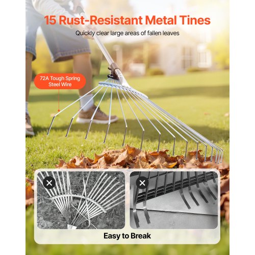 Lövkratta, 15 metallpinnar, justerbar trädgårdskratta för gräsmattor med 19-57 cm brett huvud och 81,3-160 cm långt handtag, kraftigt rostfritt stålverktyg för små löv för trädgårdsskötsel, camping, gårdsplan, gräs |  EU