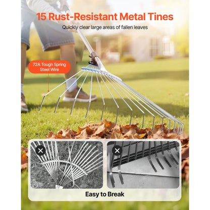 Lövkratta, 15 metallpinnar, justerbar trädgårdskratta för gräsmattor med 19-57 cm brett huvud och 81,3-160 cm långt handtag, kraftigt rostfritt stålverktyg för små löv för trädgårdsskötsel, camping, gårdsplan, gräs |  EU