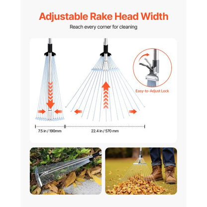 Lövkratta, 15 metallpinnar, justerbar trädgårdskratta för gräsmattor med 19-57 cm brett huvud och 81,3-160 cm långt handtag, kraftigt rostfritt stålverktyg för små löv för trädgårdsskötsel, camping, gårdsplan, gräs |  EU