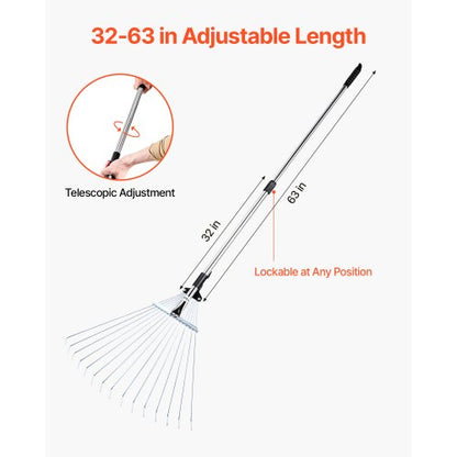 Lövkratta, 15 metallpinnar, justerbar trädgårdskratta för gräsmattor med 19-57 cm brett huvud och 81,3-160 cm långt handtag, kraftigt rostfritt stålverktyg för små löv för trädgårdsskötsel, camping, gårdsplan, gräs |  EU