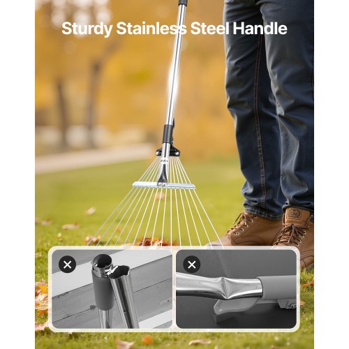 Lövkratta, 15 metallpinnar, justerbar trädgårdskratta för gräsmattor med 19-57 cm brett huvud och 81,3-160 cm långt handtag, kraftigt rostfritt stålverktyg för små löv för trädgårdsskötsel, camping, gårdsplan, gräs |  EU