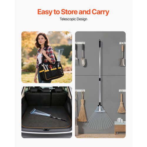 Lövkratta, 15 metallpinnar, justerbar trädgårdskratta för gräsmattor med 19-57 cm brett huvud och 81,3-160 cm långt handtag, kraftigt rostfritt stålverktyg för små löv för trädgårdsskötsel, camping, gårdsplan, gräs |  EU