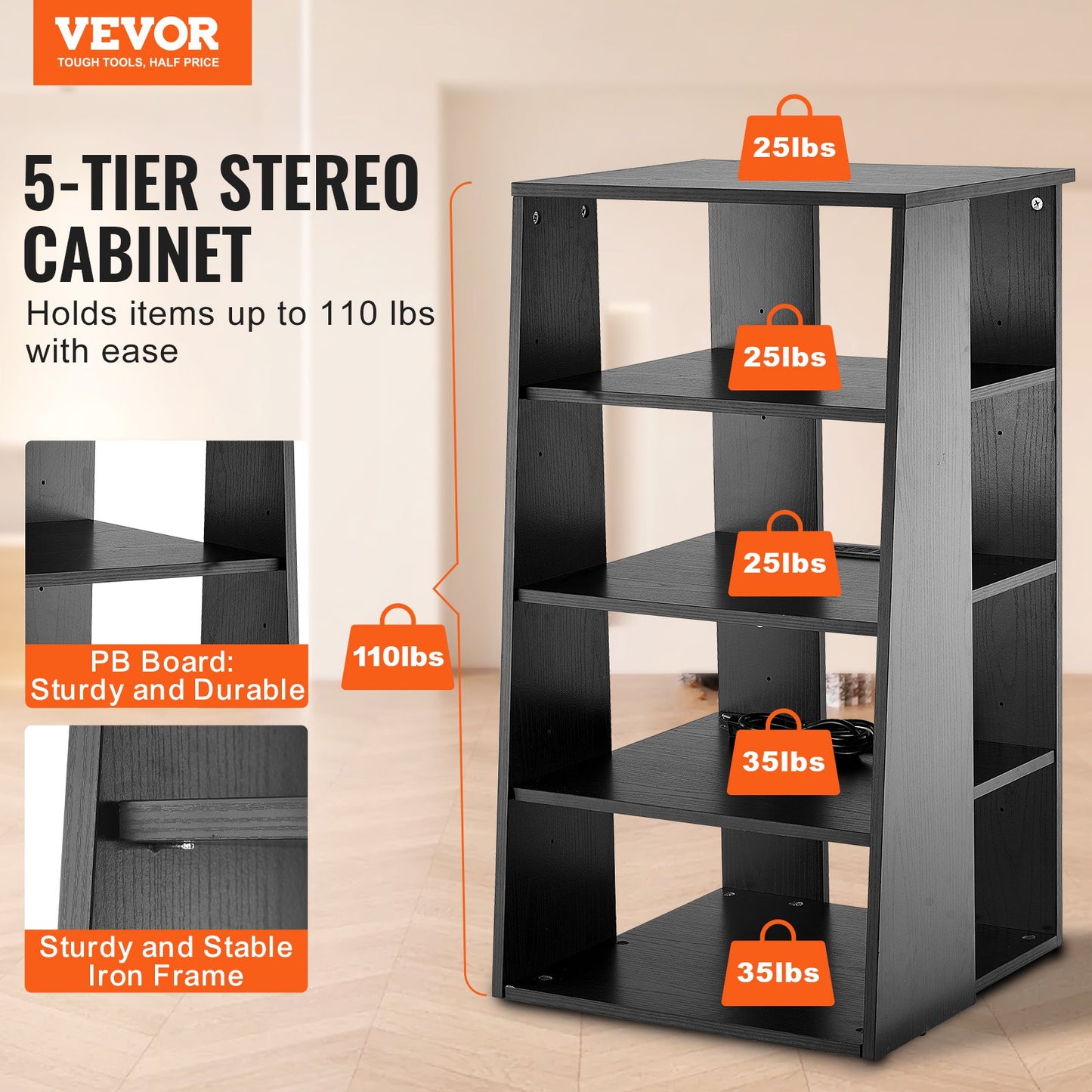 5 Tiers AV Media Stand Höjdjusterbar Audio-Video Media Stand i trä