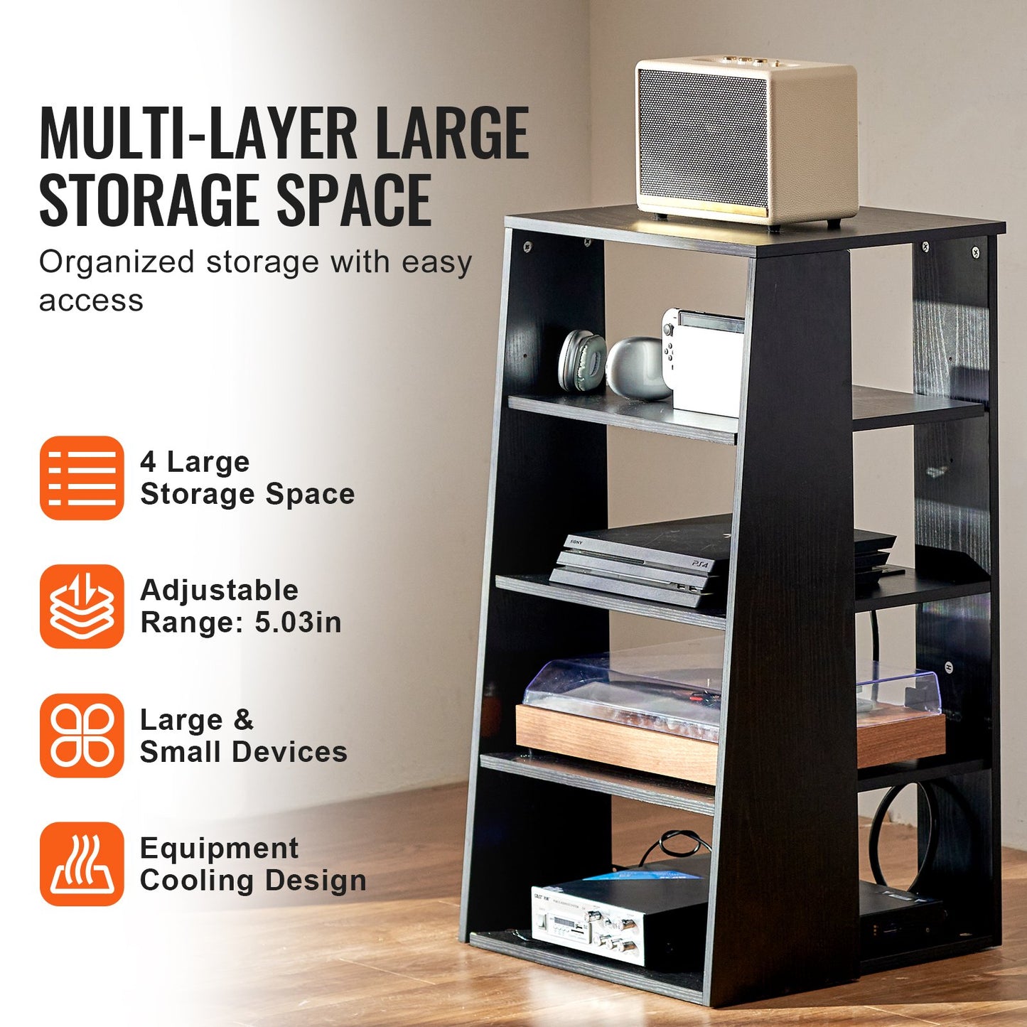 5 Tiers AV Media Stand Höjdjusterbar Audio-Video Media Stand i trä