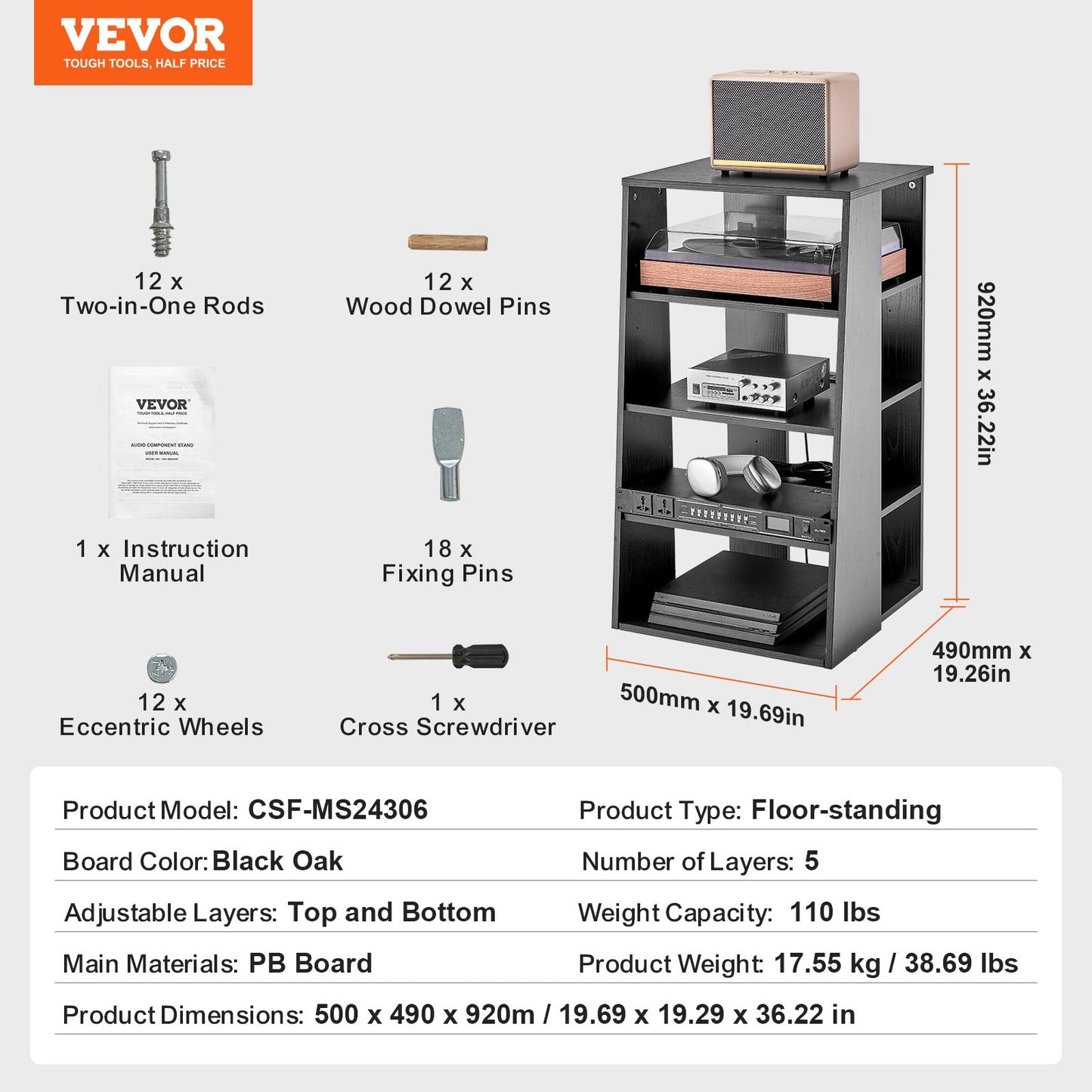 5 Tiers AV Media Stand Höjdjusterbar Audio-Video Media Stand i trä
