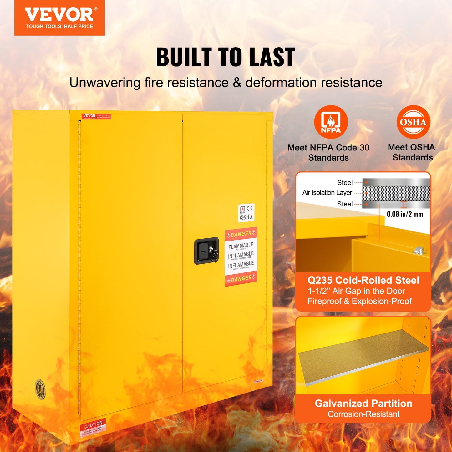 Flammable Safety Cabinet, 30 Gal, Cold Rolled Steel Flammable Liquid Storage Cabinet, 43.1x18.1x50.1 in Explosion Proof with 1 Adjustable Shelf 2 Manual Closing Doors for Industrial Use, Yellow