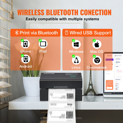 Thermo-Etikettendrucker, 300 DPI für 4x6-Postpakete, Bluetooth und automatische Etikettenerkennung, Unterstützung für Windows/MacOS/Linux/Chromebook/Android/IOS, kompatibel mit Amazon, eBay, Etsy usw., schwarz