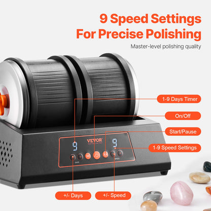 Rock Tumbler Machine 8 lbs Rock Polishing Kit 9-växlad 9-dagars timer Dubbla fat