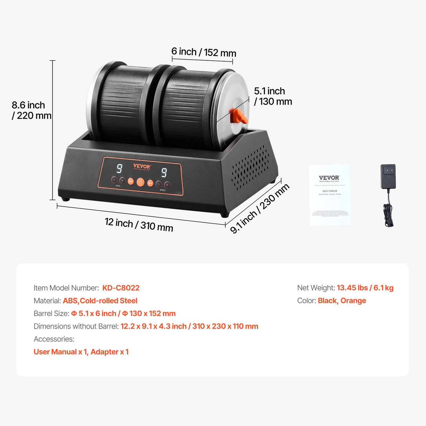 Rock Tumbler Machine 8 lbs Rock Polishing Kit 9-växlad 9-dagars timer Dubbla fat