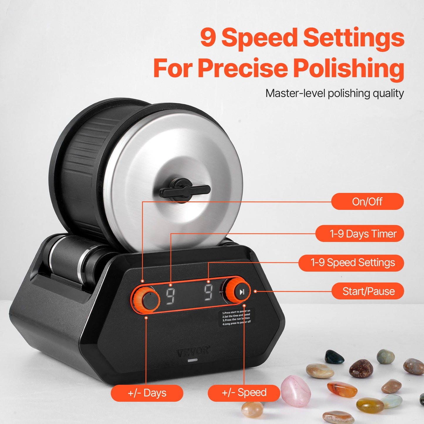 Rock Tumbler Kit 4 lbs Rock Polisher 9 hastigheter 9-dagars timer med gryn