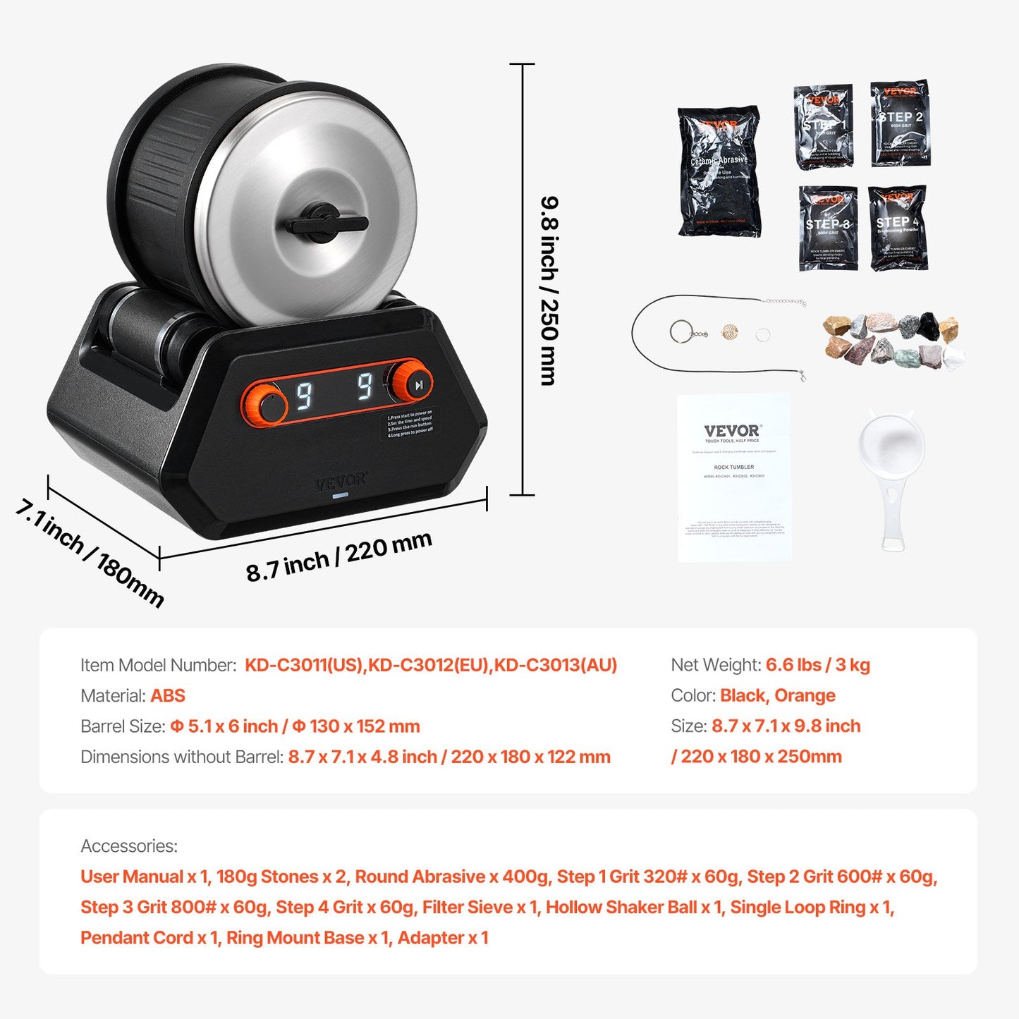 Rock Tumbler Kit 4 lbs Rock Polisher 9 hastigheter 9-dagars timer med gryn