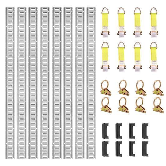 E Track Tie-Down Rail Kit, 34ST 5FT E-Spår Set innehåller 8 stålskenor & 2 enkelspår & 8 O-ringar & 8 fästanordningar med D-ring & 8 ändlock, Säkringstillbehör för last, motorcyklar och Cyklar