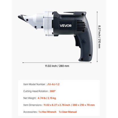 Elektrisk Metallsax, 4,0 Amp sladdansluten Plåtskärare med 360-graders vridbart huvud, variabel hastighet, kontinuerlig skärning, rent snitt för 1,22 mm galvaniserat stål, 1 mm rostfritt stål, 2500 SPM |  EU