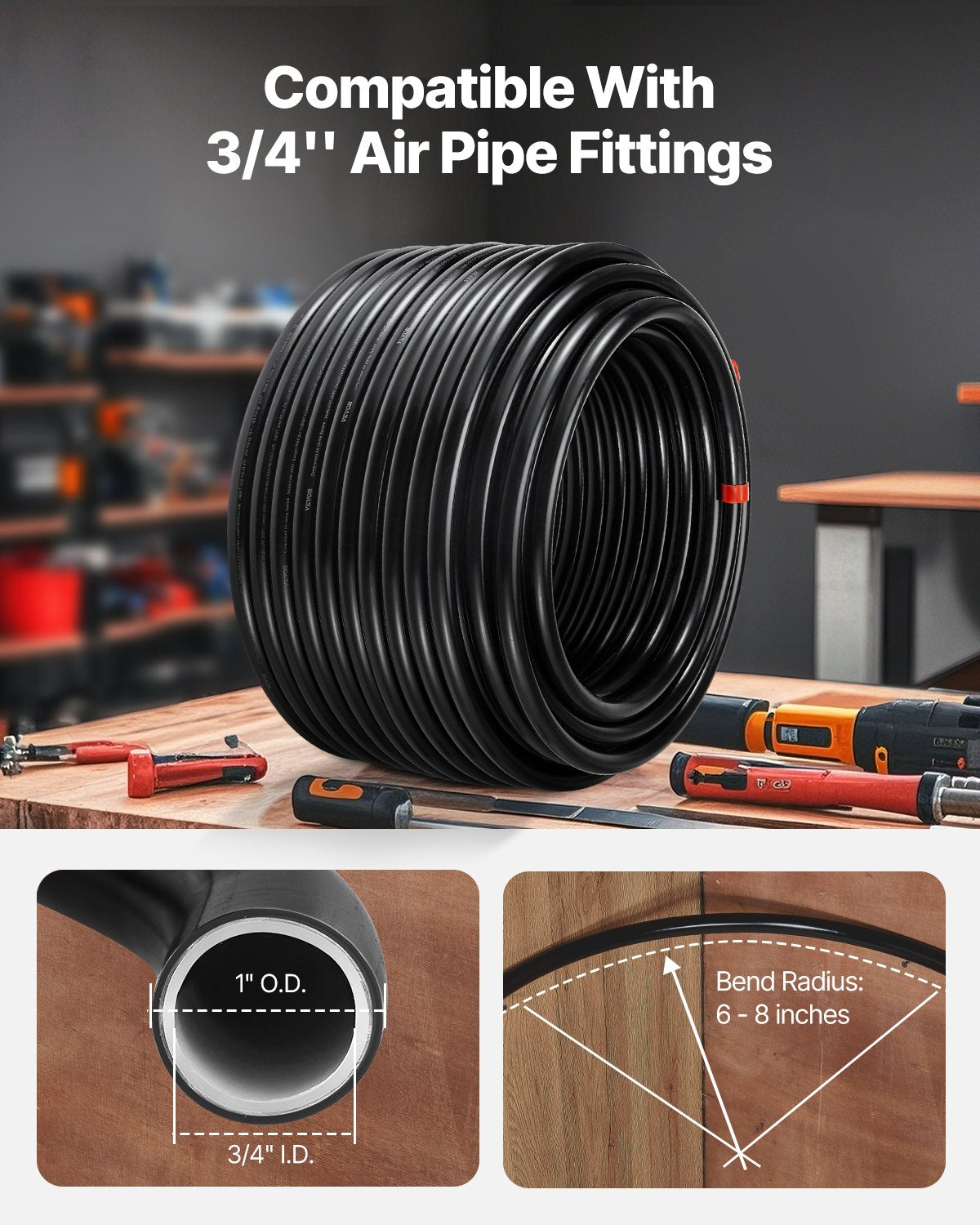 Air Compressor Line Kit 3/4'' x 200FT PU Air Compressor Line System Black