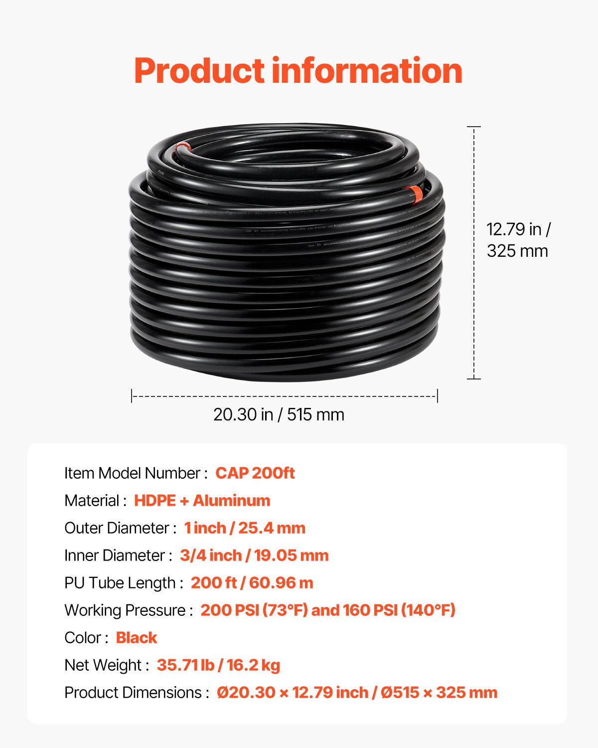 Air Compressor Line Kit 3/4'' x 200FT PU Air Compressor Line System Black