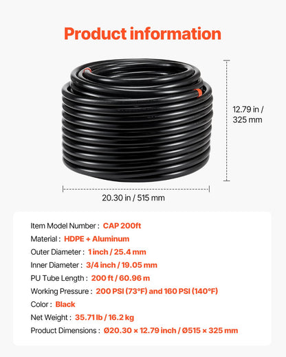 Air Compressor Line Kit 3/4'' x 200FT PU Air Compressor Line System Black